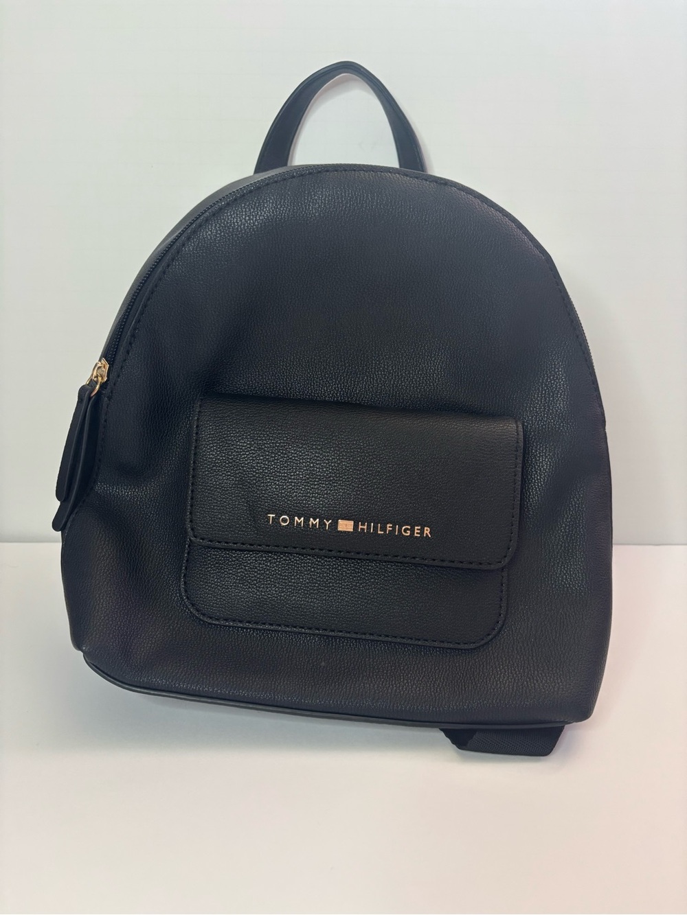Tommy Hilfiger Black Pebbled Leather Mini Backpack with Gold Logo